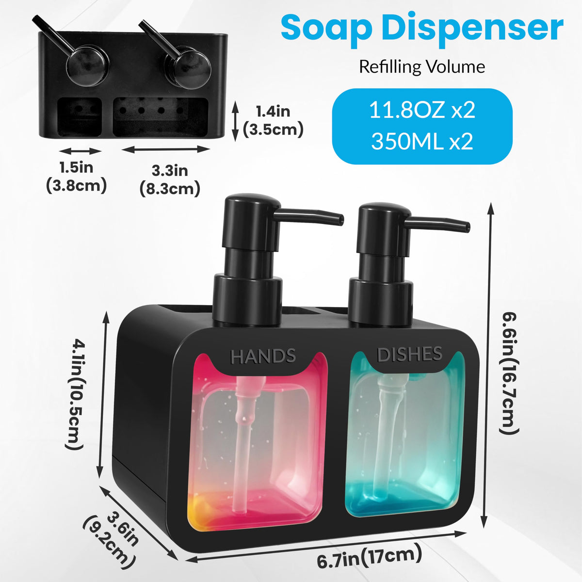 4-in-1 Kitchen Soap Dispenser Set - Dual Hand & Dish Soap Dispenser with Sponge Caddy & Brush Holder - Kitchen Sink Organizer for Countertop Black
