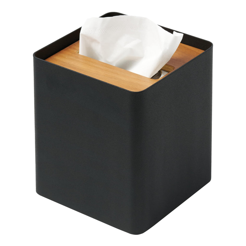 Yamazaki Home Rin Reusable Tissue Box Cover Metal Holder Container Case with Natural Wooden Lid - Steel