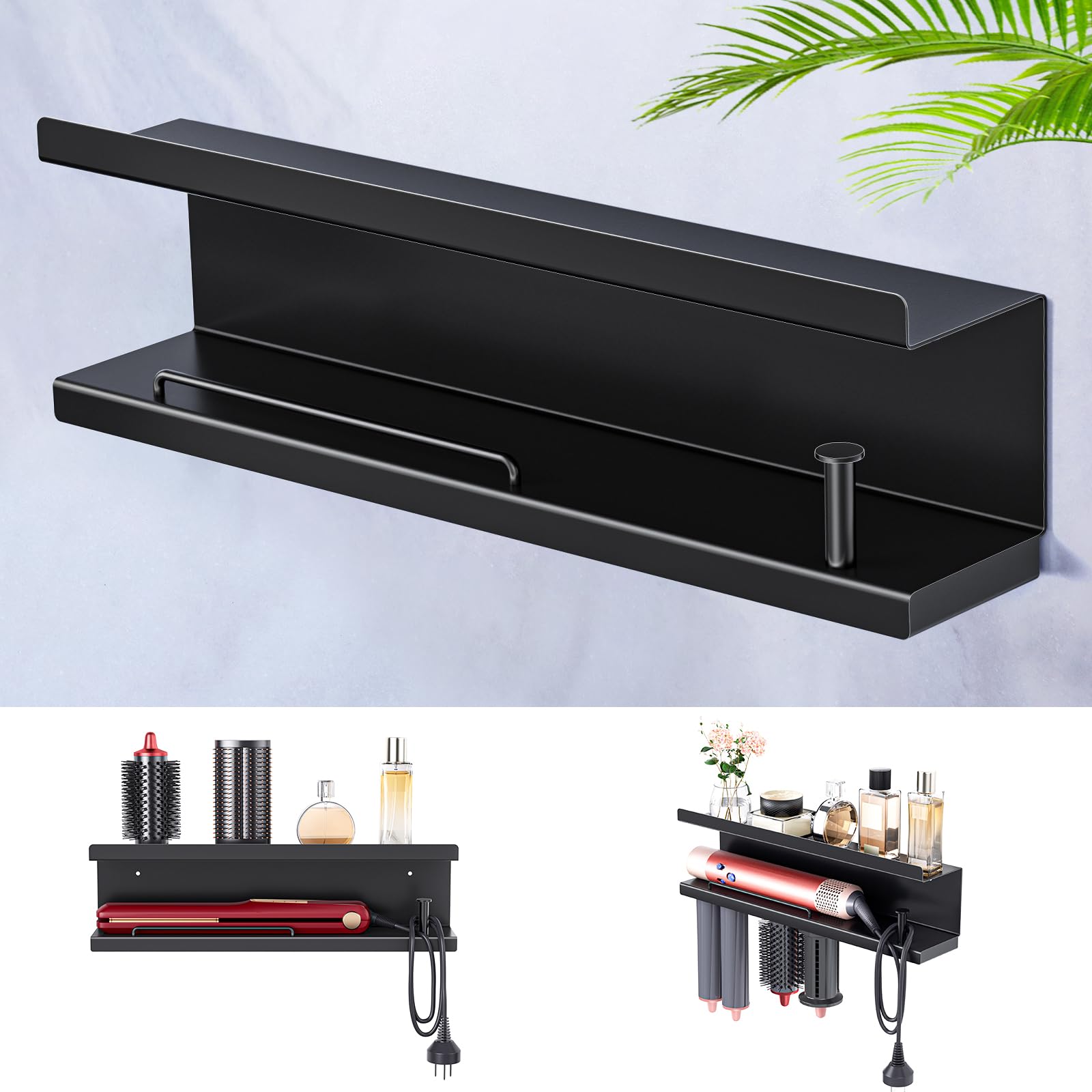 WAYASI Hair Dryer Holder Wall Mount | Metal Hair Tool Organiser - Black