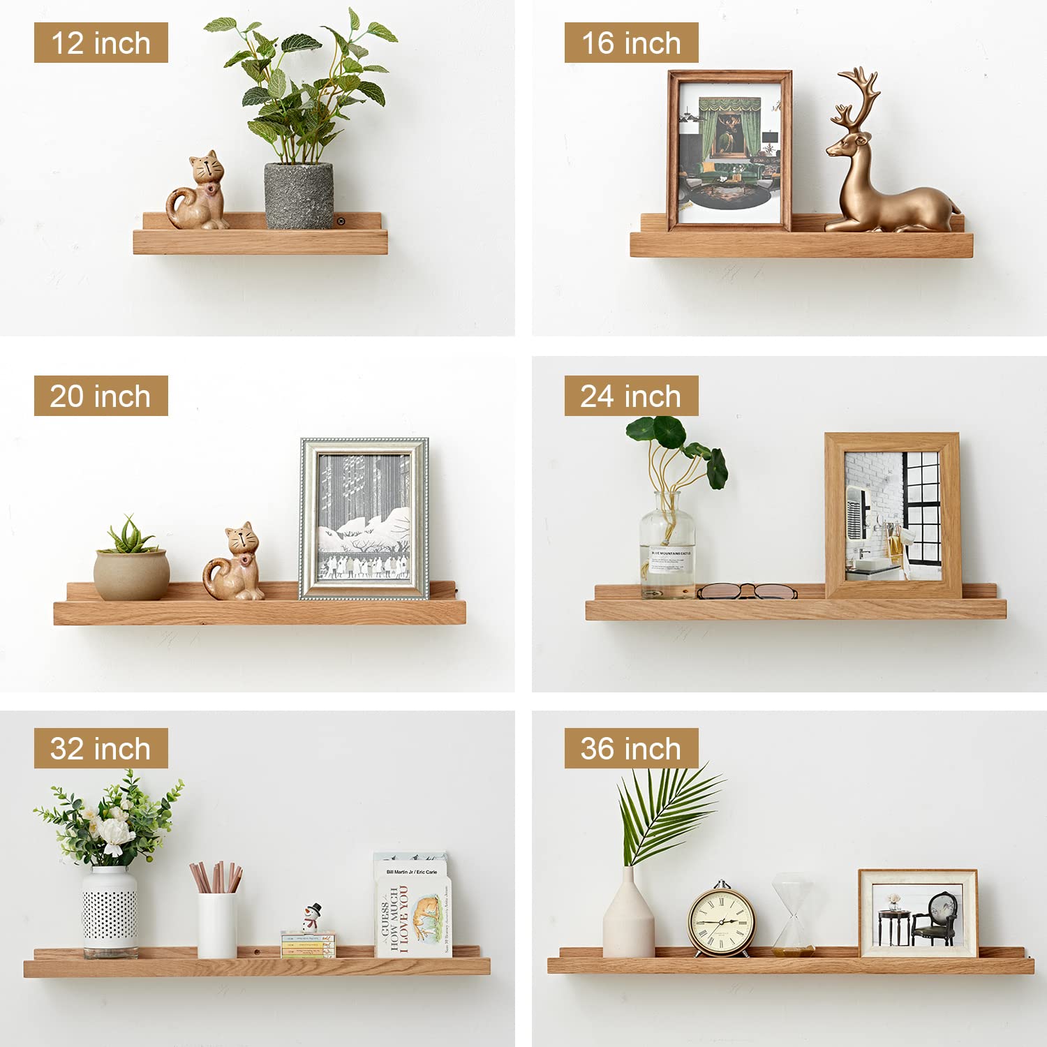 Oakerland 24-Inch Solid Oak Floating Shelves | Wooden Picture Ledge