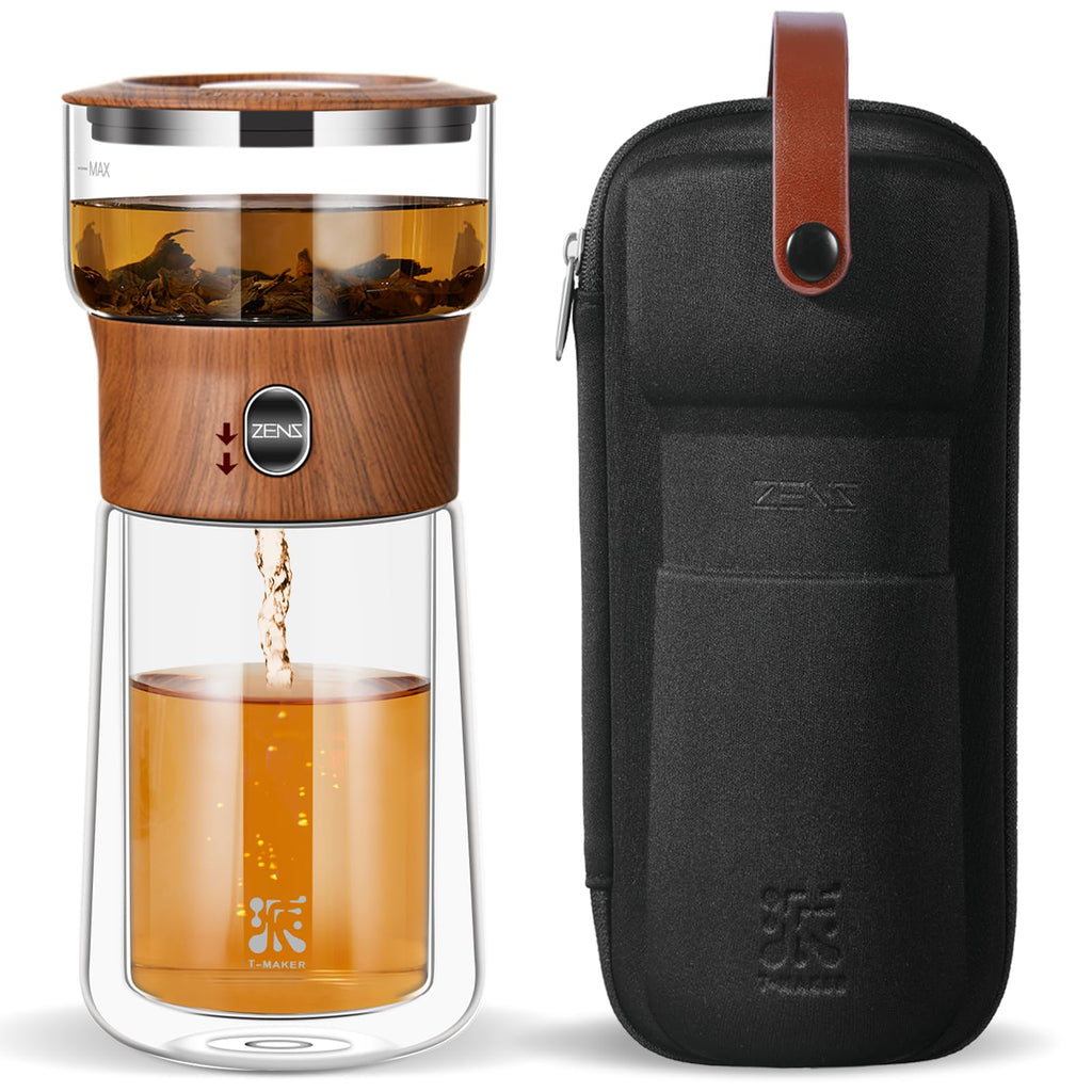 ZENS One-Touch Glass Tea Infuser Teapot – Portable Gongfu Set with Mug
