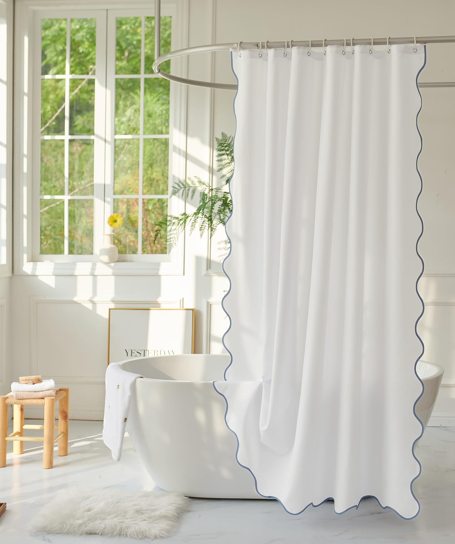 Scalloped Fabric Shower Curtain – White & Blue, 72x72