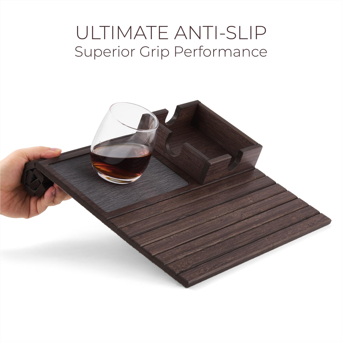 DETOR Sofa Arm Tray with Cup Holder, Walnut Finish, Fits Armrest 14cm + - image 3
