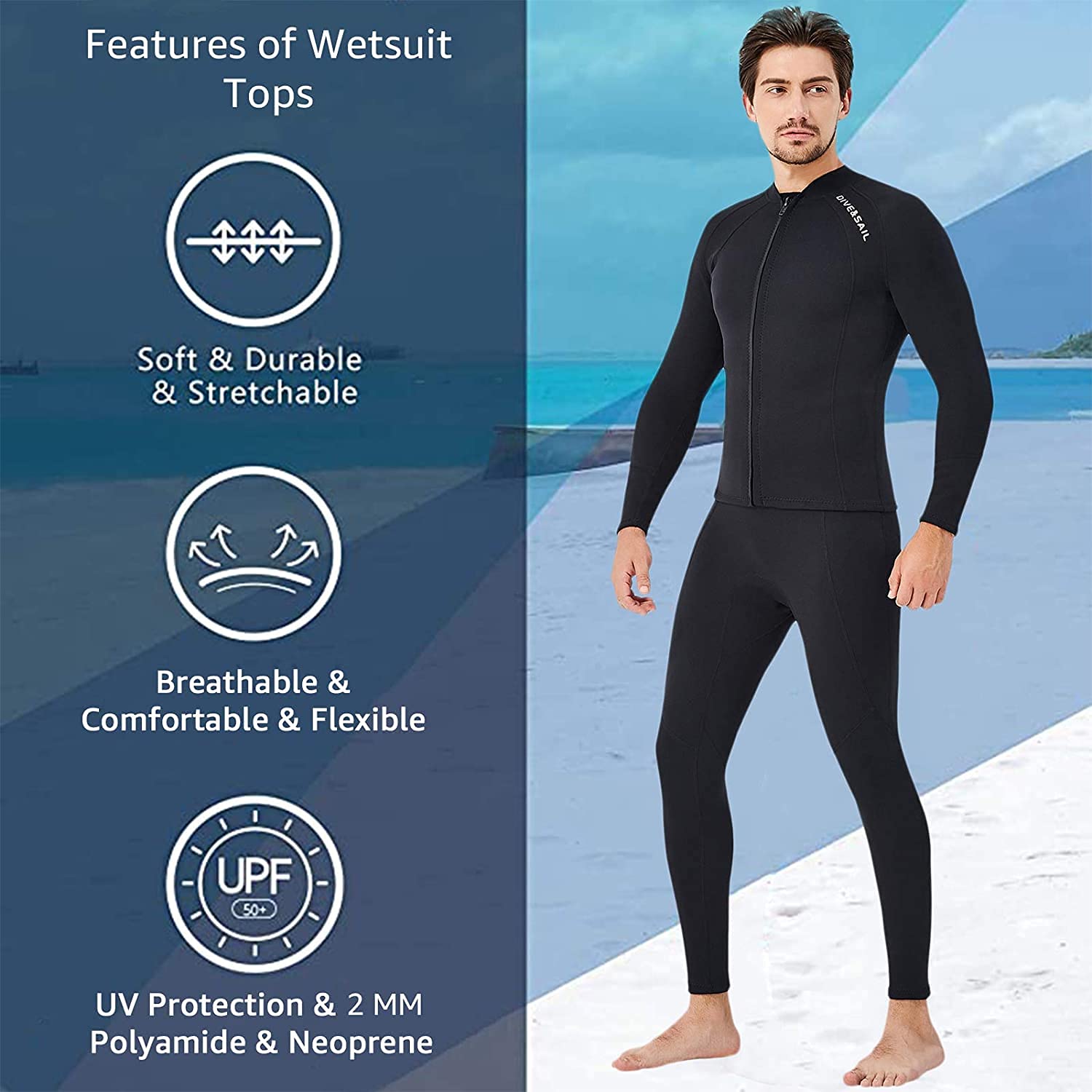 EUPTE 2mm Neoprene Wetsuit Jacket – Men's Long Sleeve Diving Top, 3XL