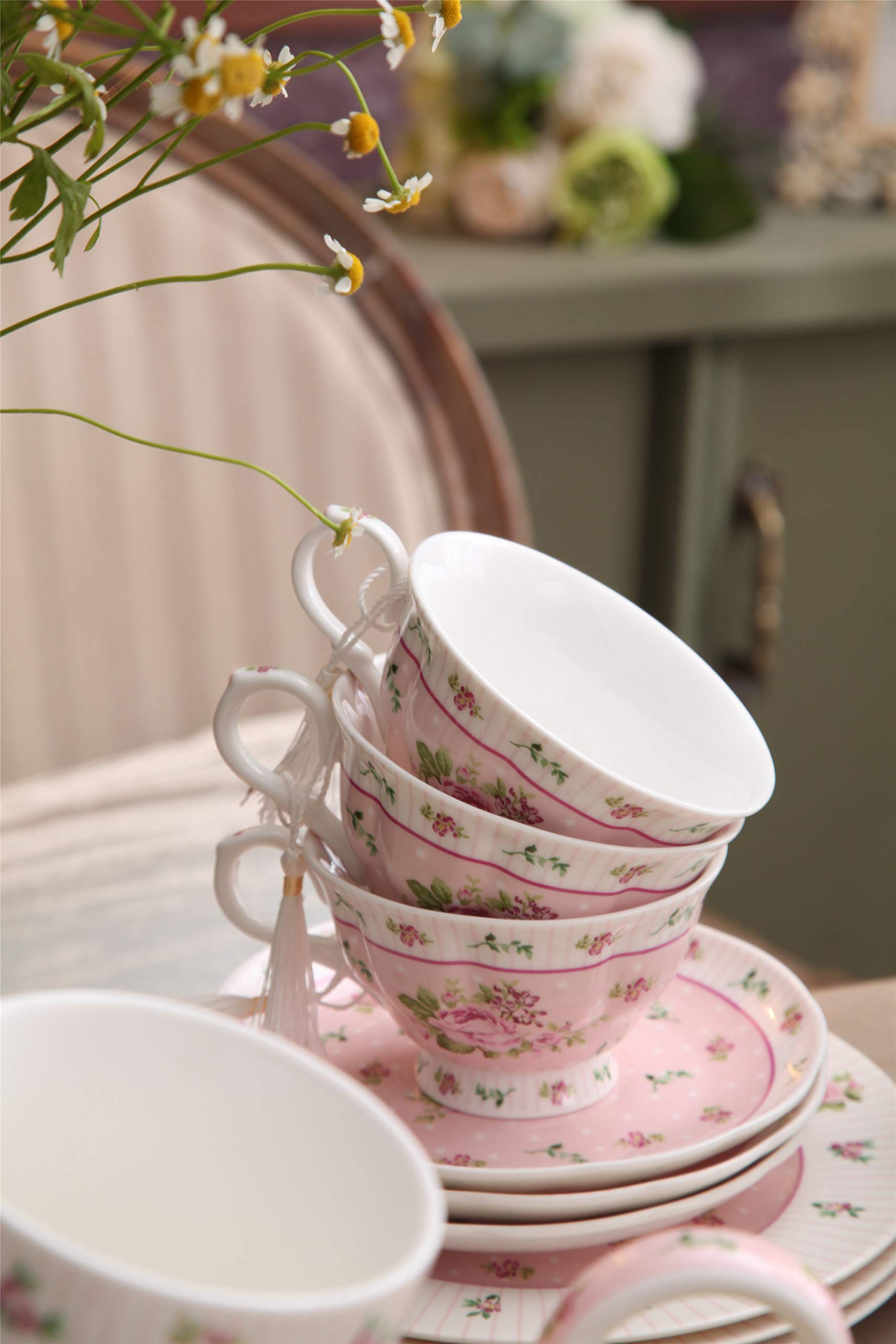 London Boutique Rose Pink Porcelain Tea Cup and Saucer Set - 4 Piece