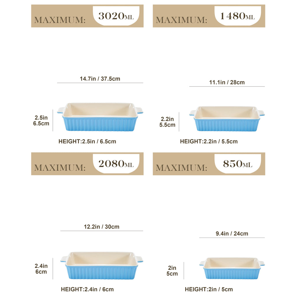 MALACASA 4-Piece Rectangular Porcelain Baking Dish Set with Handles, Blue