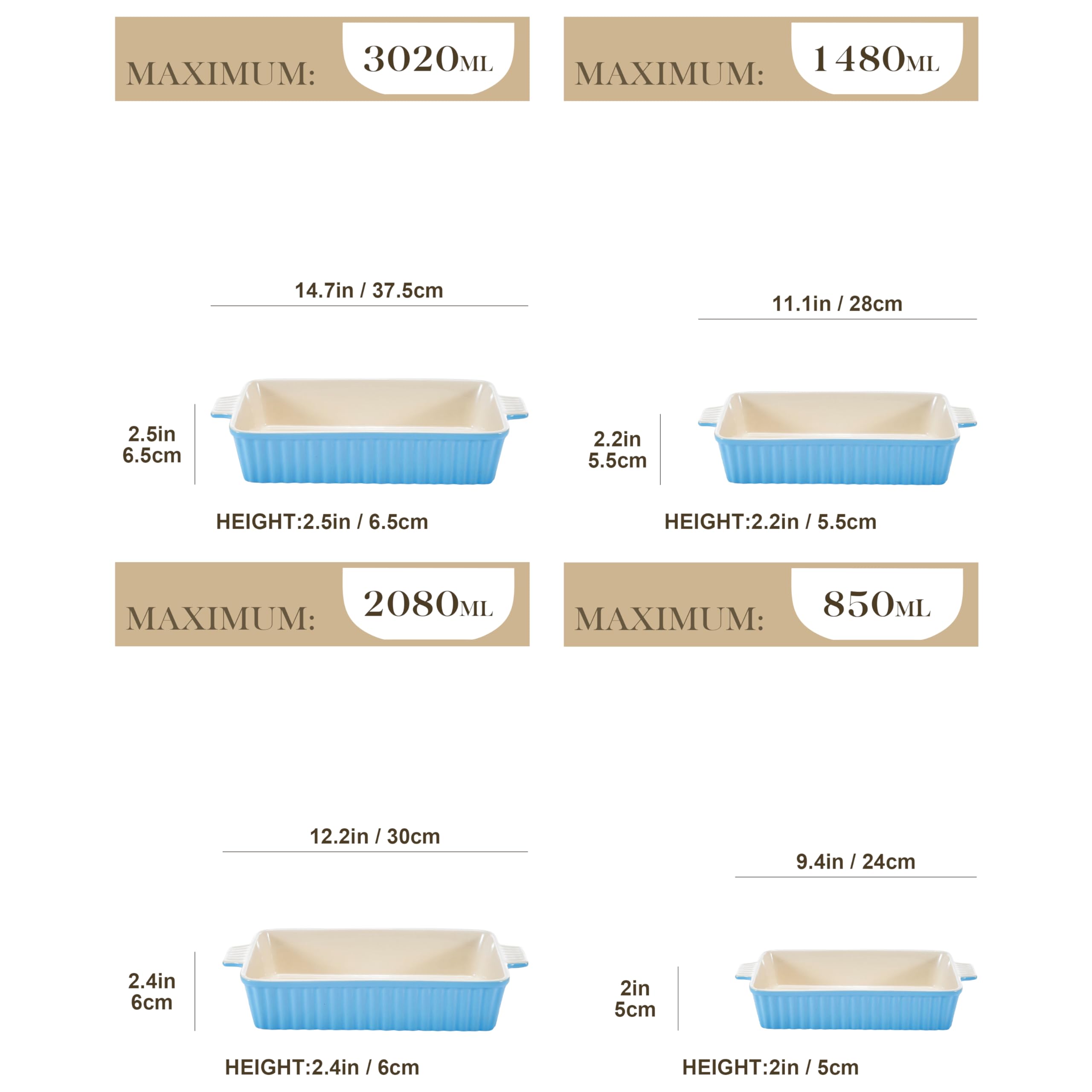 MALACASA 4-Piece Rectangular Porcelain Baking Dish Set with Handles, Blue