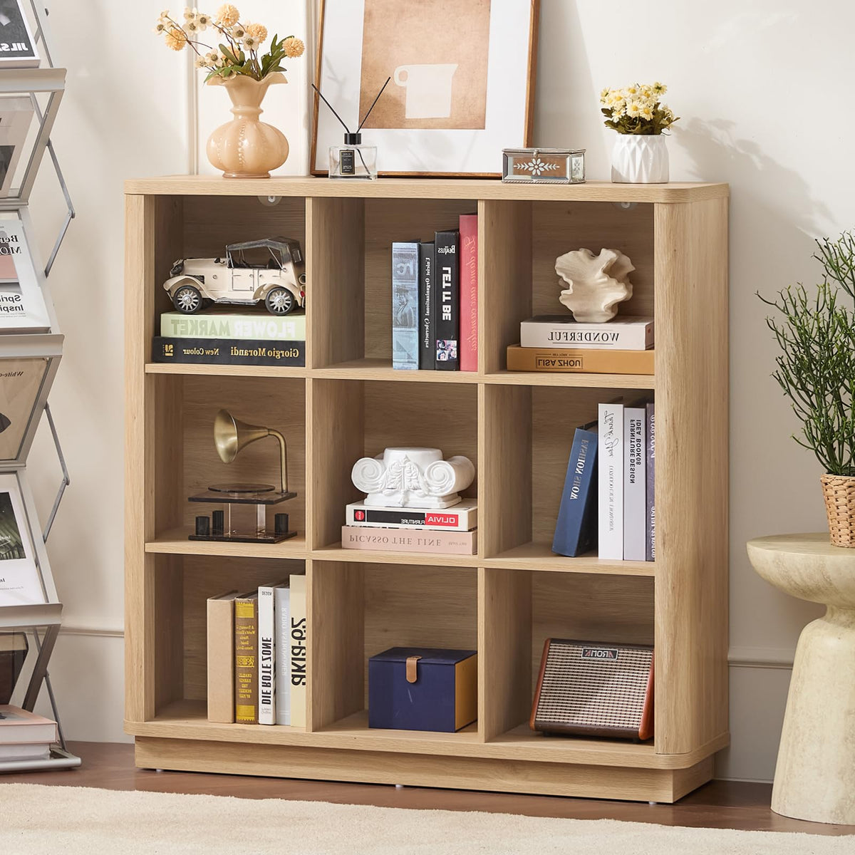 LELELINKY 9 Cube Storage Bookcase, 41" Wide Wooden Book Shelf with Thickened Base, Freestanding 3-Tier Open Book Case Unit with Curved Edge - image 1