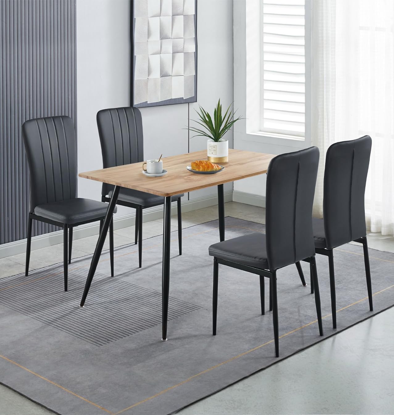 Hallowood Cullompton 4 Seater Dining Set – Brown Oak & Black Faux Leather