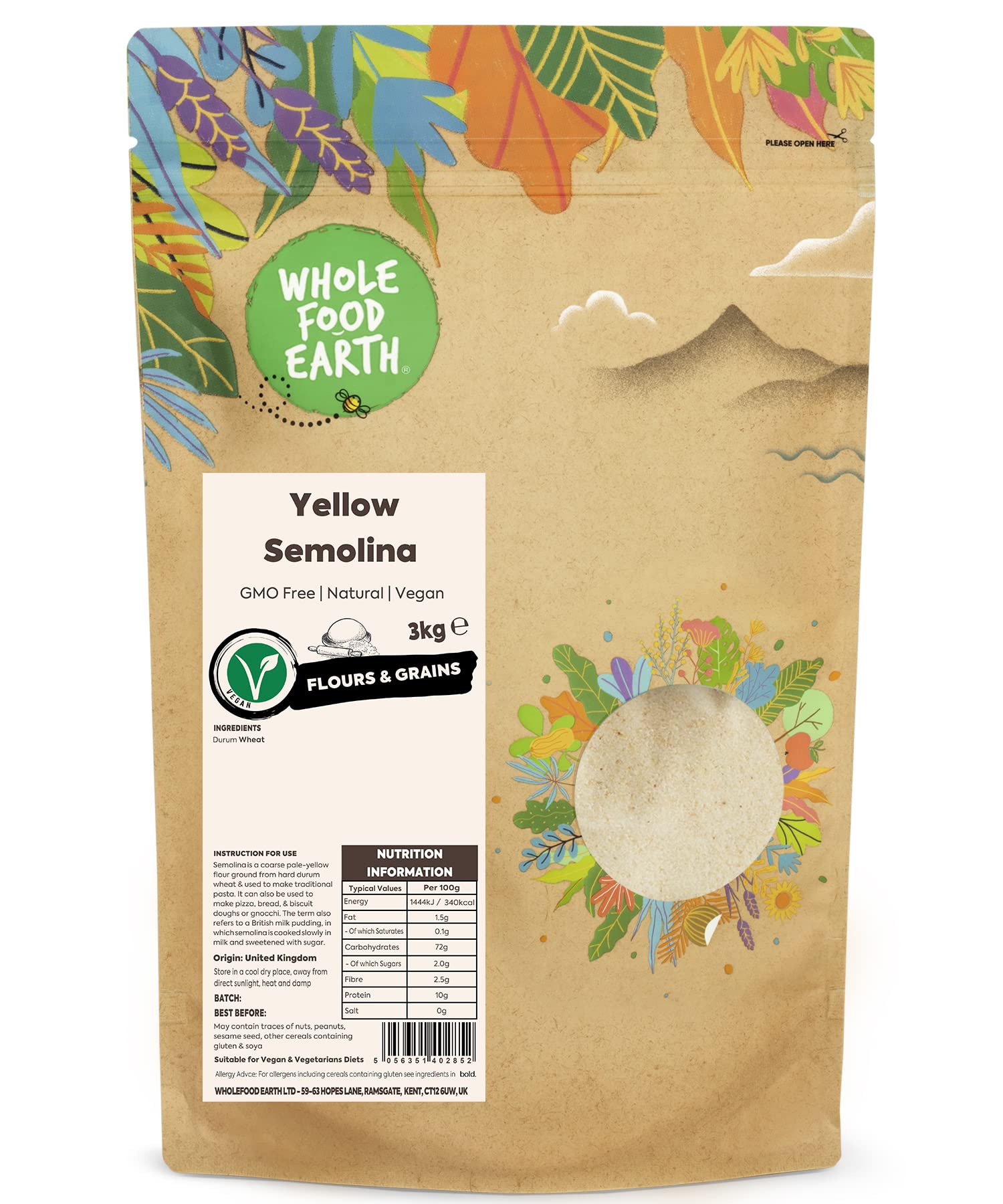 Wholefood Earth Yellow Semolina – 3kg Durum Wheat Flour, GMO-Free
