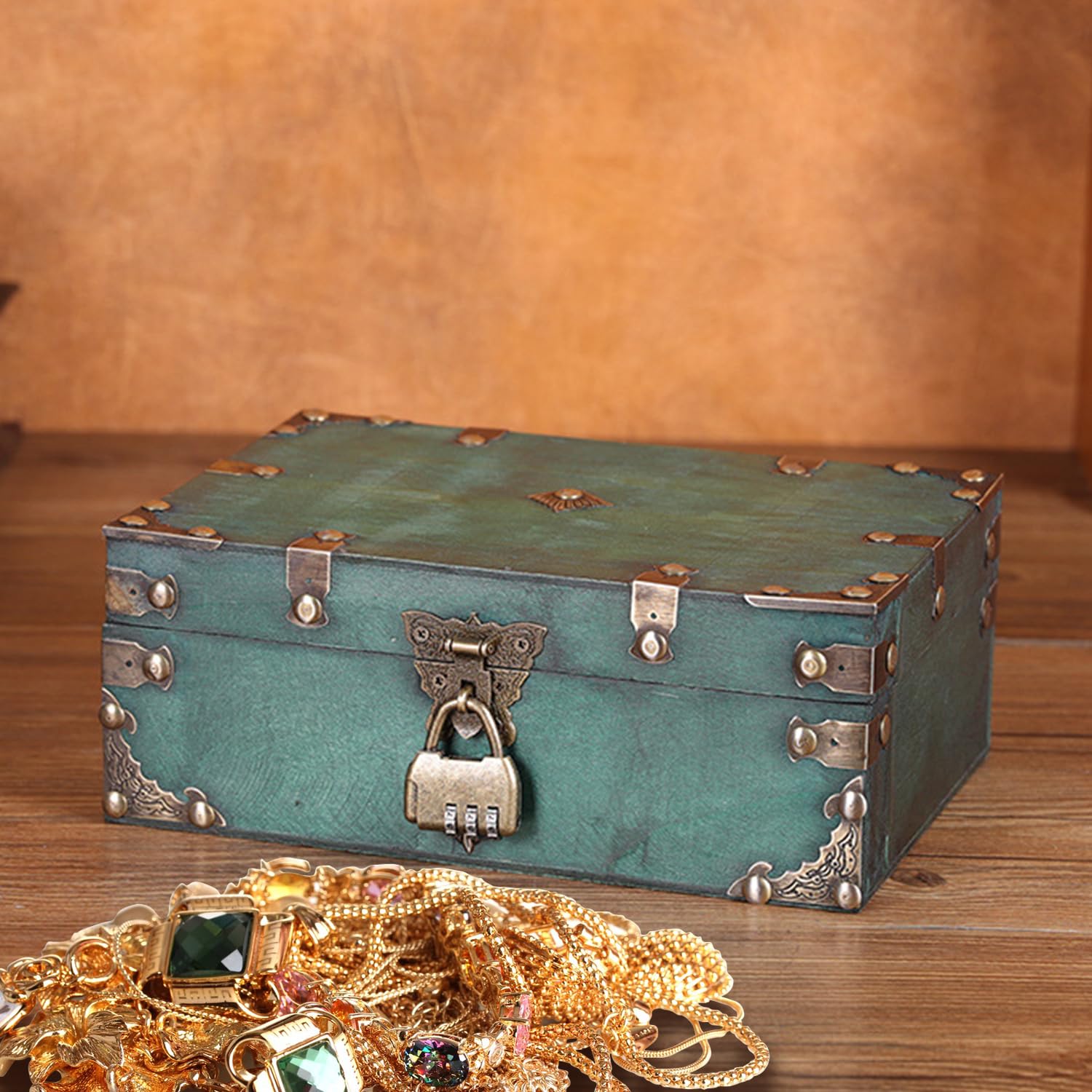 Fizdoqg Vintage Green Wooden Treasure Chest with Combination Lock