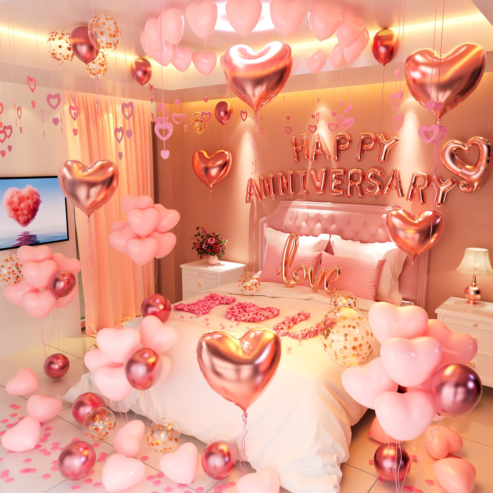 Jolof Store Pink Anniversary Decorations - Heart Balloons & Rose Petals
