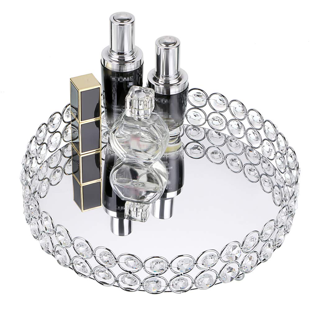 Sumtree Crystal Mirror Vanity Tray – Silver Metal Jewelry & Makeup Organizer