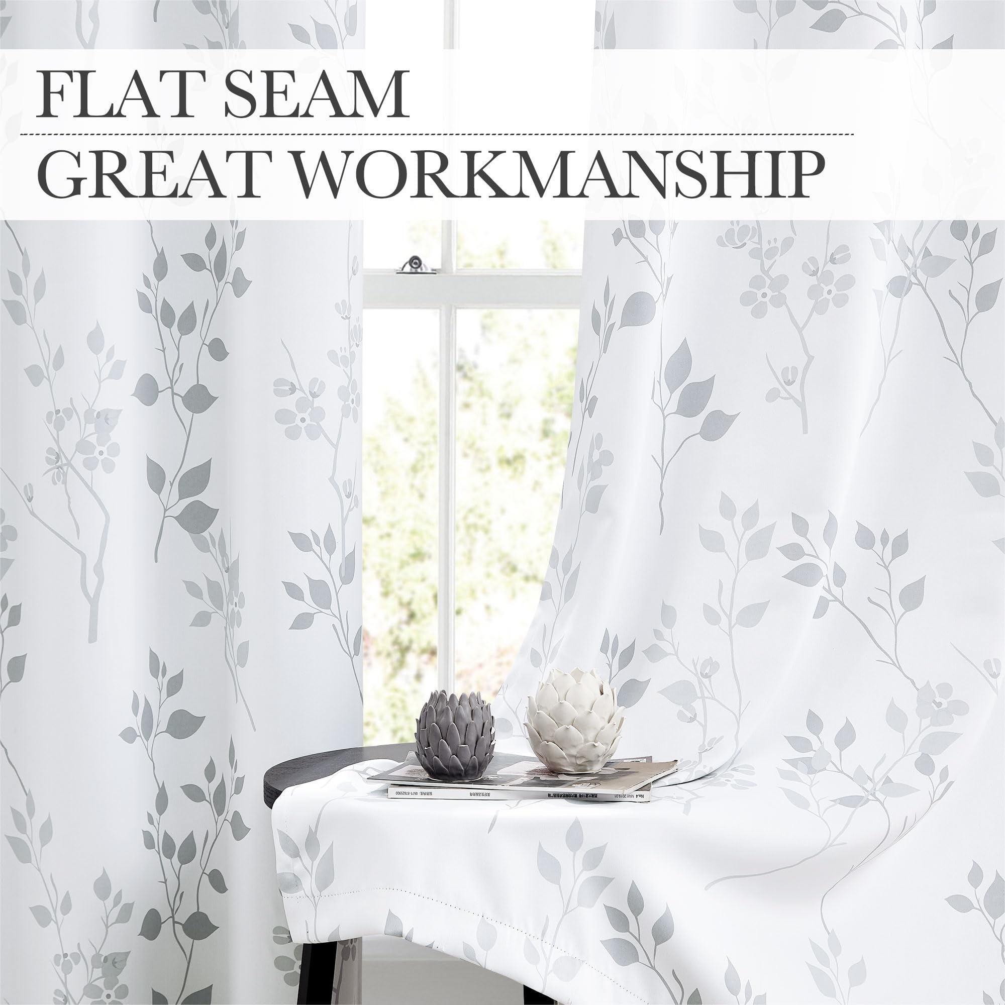 Grey Floral Blackout Curtains | Thermal Insulated 72 Inch Drapes