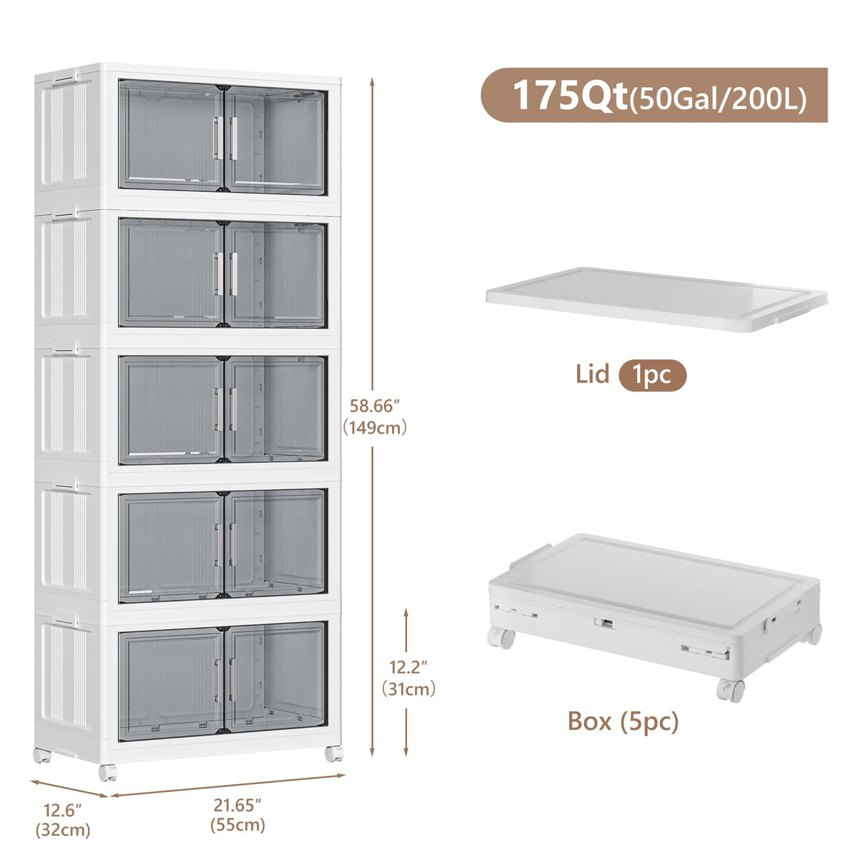 Naviconvex Storage Boxes with Lids, 5 Tier 200L Plastic Storage Box with Magnetic Doors and Wheels, Stackable Storages Boxes
