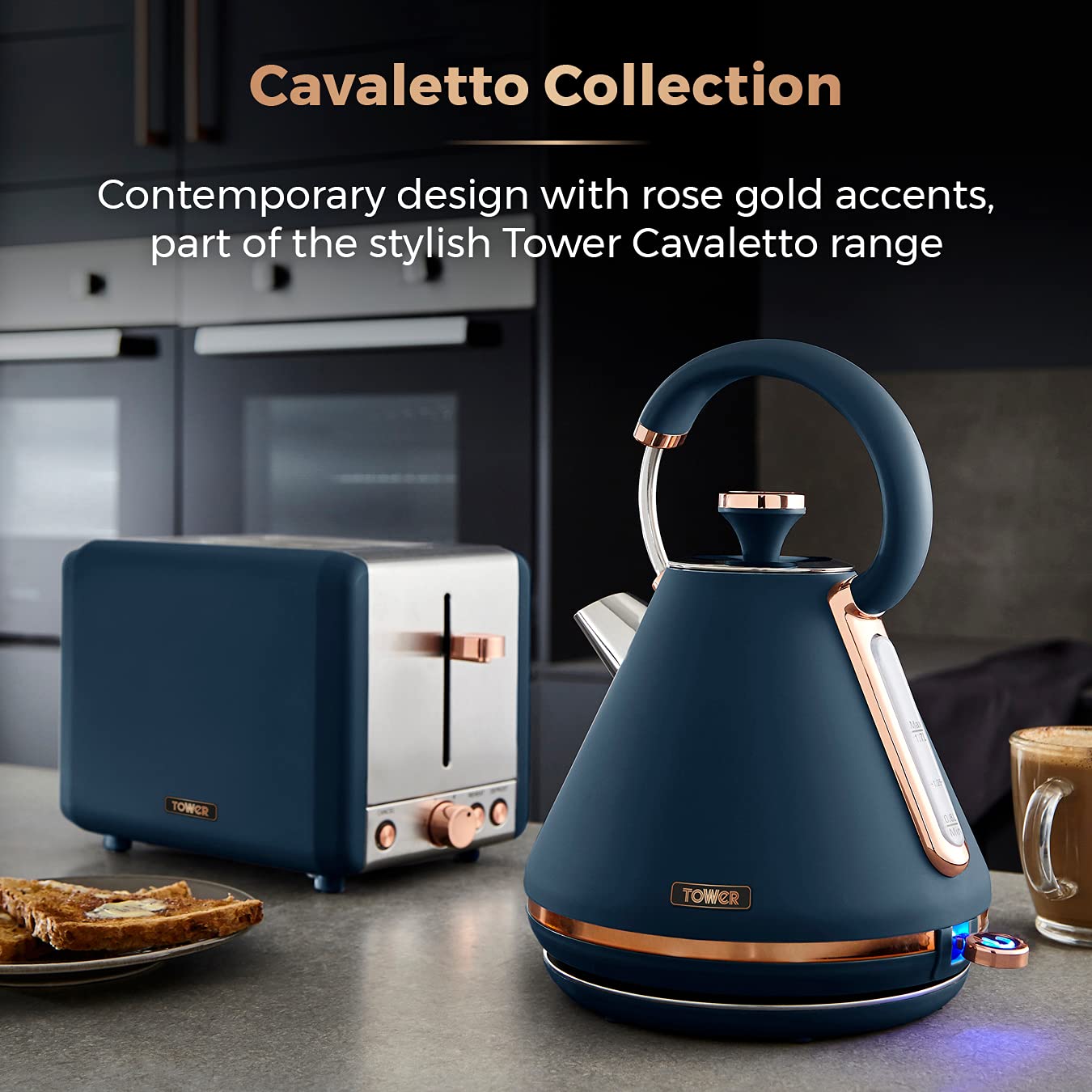 Tower Cavaletto Pyramid Kettle | 1.7L Rapid Boil | Midnight Blue & Rose Gold