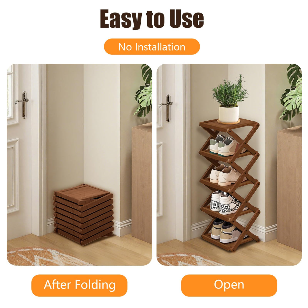YYW Shoe Rack, Foldable Shoes Organizer Free Standing Shelf for Entryway, Closet, Hallway, Foldable X Shape Multi Tier Shoe Rack Brown,7 Layers - image 5