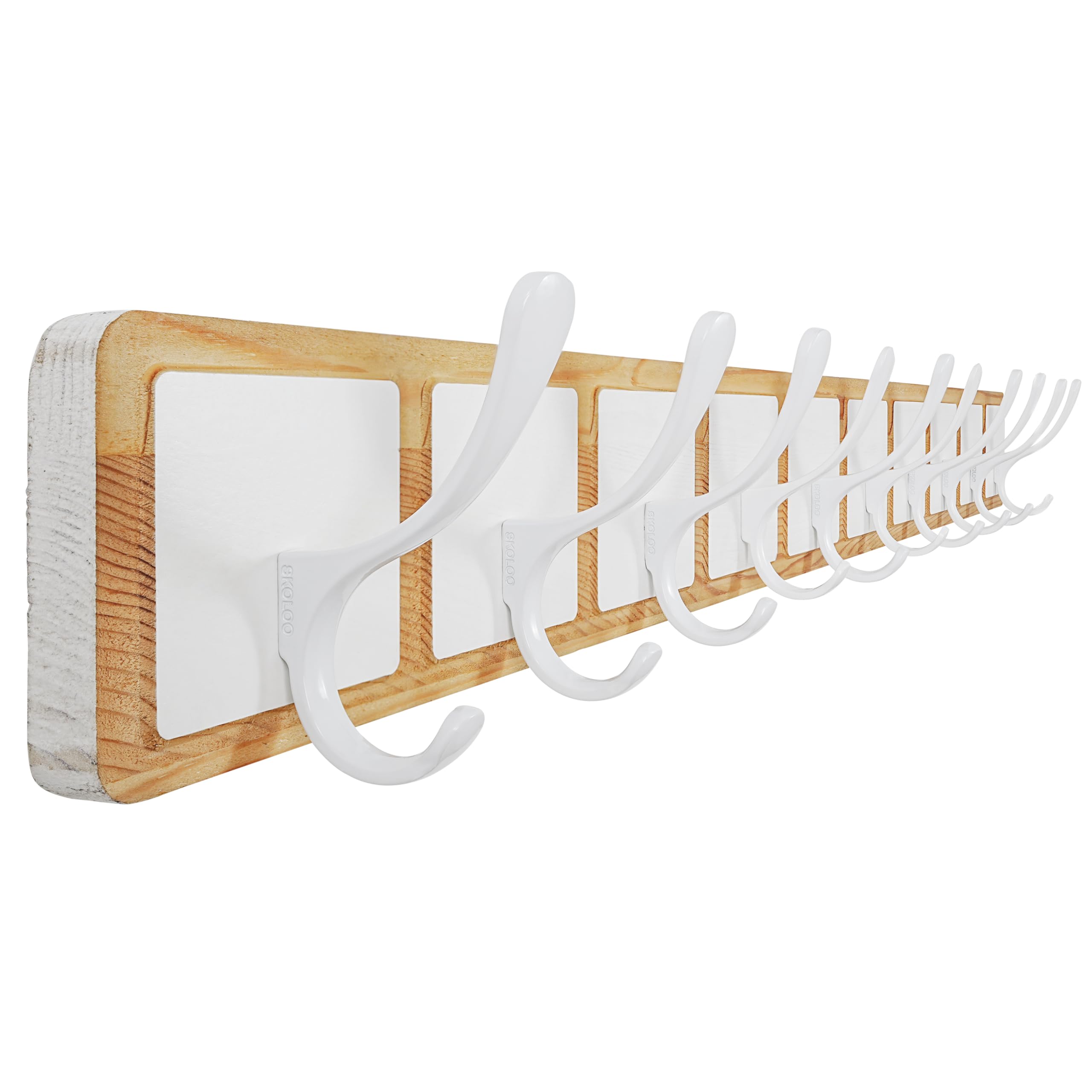 SKOLOO Scandi-Style Wooden Wall Mount Coat Rack | 10 Hooks, White & Natural