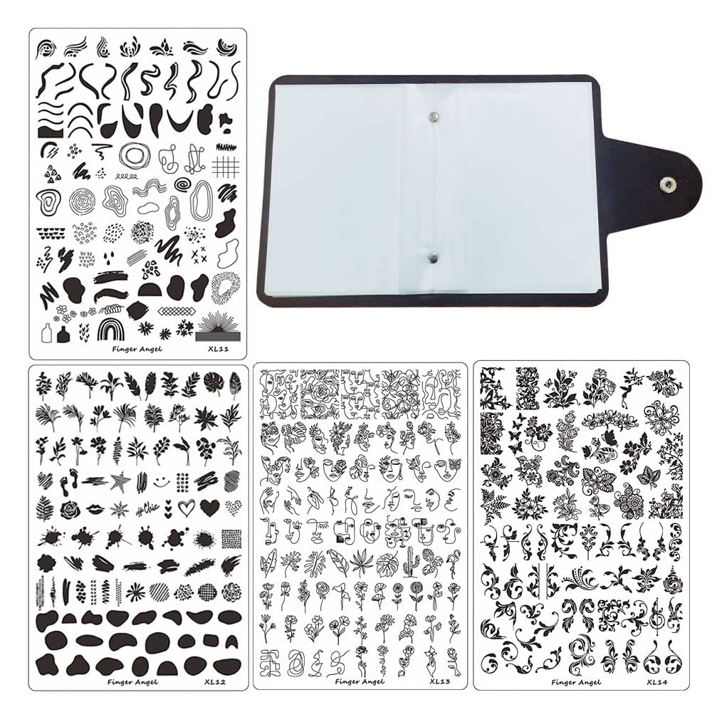 FingerAngel Nail Art Stamping Plates - 4PCS XL Templates with Case