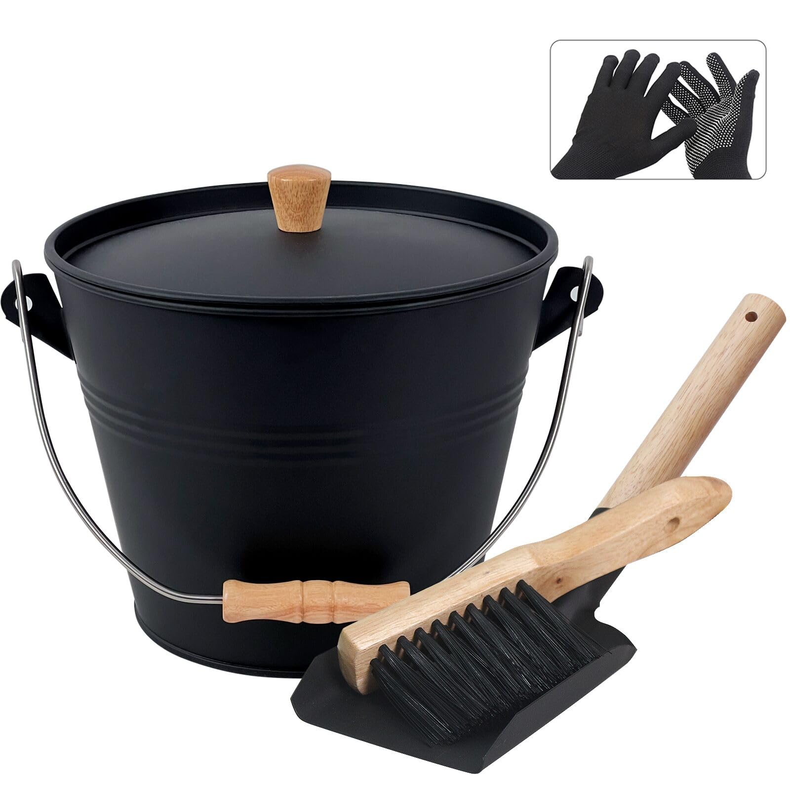 BRIAN & DANY 5L Metal Ash Bucket with Lid, Shovel and Hand Broom