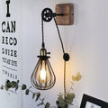 SUNLLOK Industrial Pulley Wall Lamp – Vintage Plug-in Cage Sconce (Black)