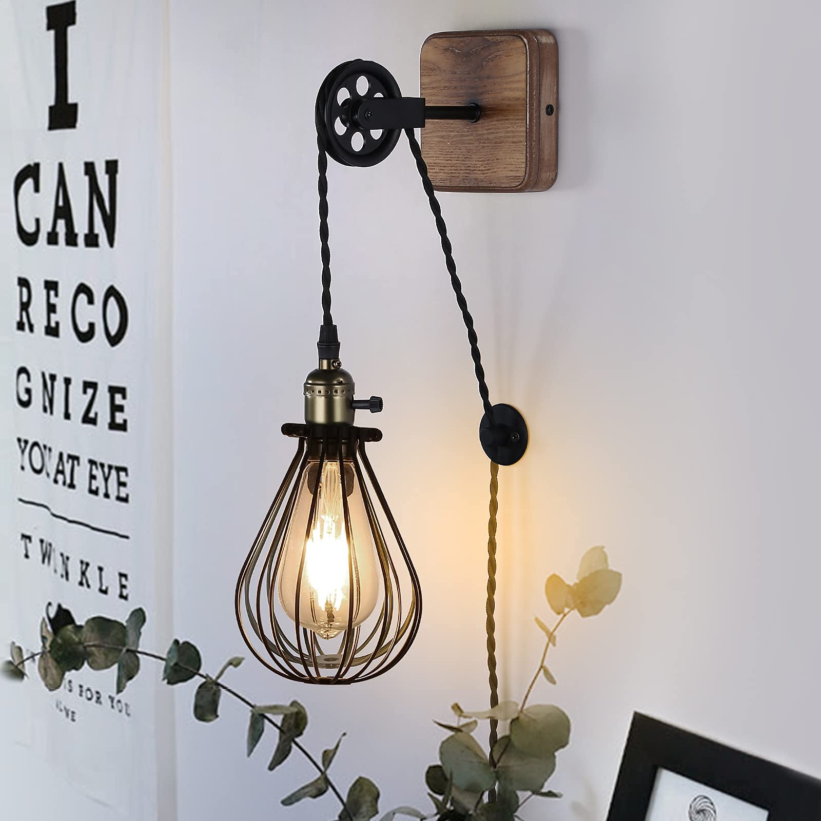 SUNLLOK Industrial Pulley Wall Lamp – Vintage Plug-in Cage Sconce (Black)