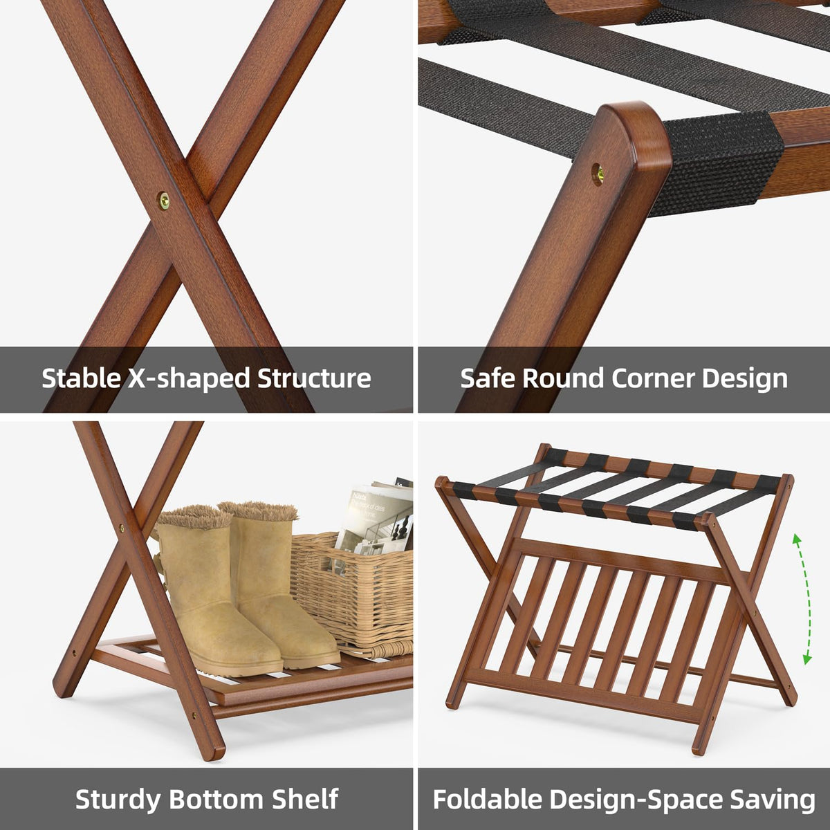 BAMBOOHOMIE Bamboo Luggage Rack for Guest Room, 26.77" Folding Wide Suitcase Stand with Storage Shelf - image 2