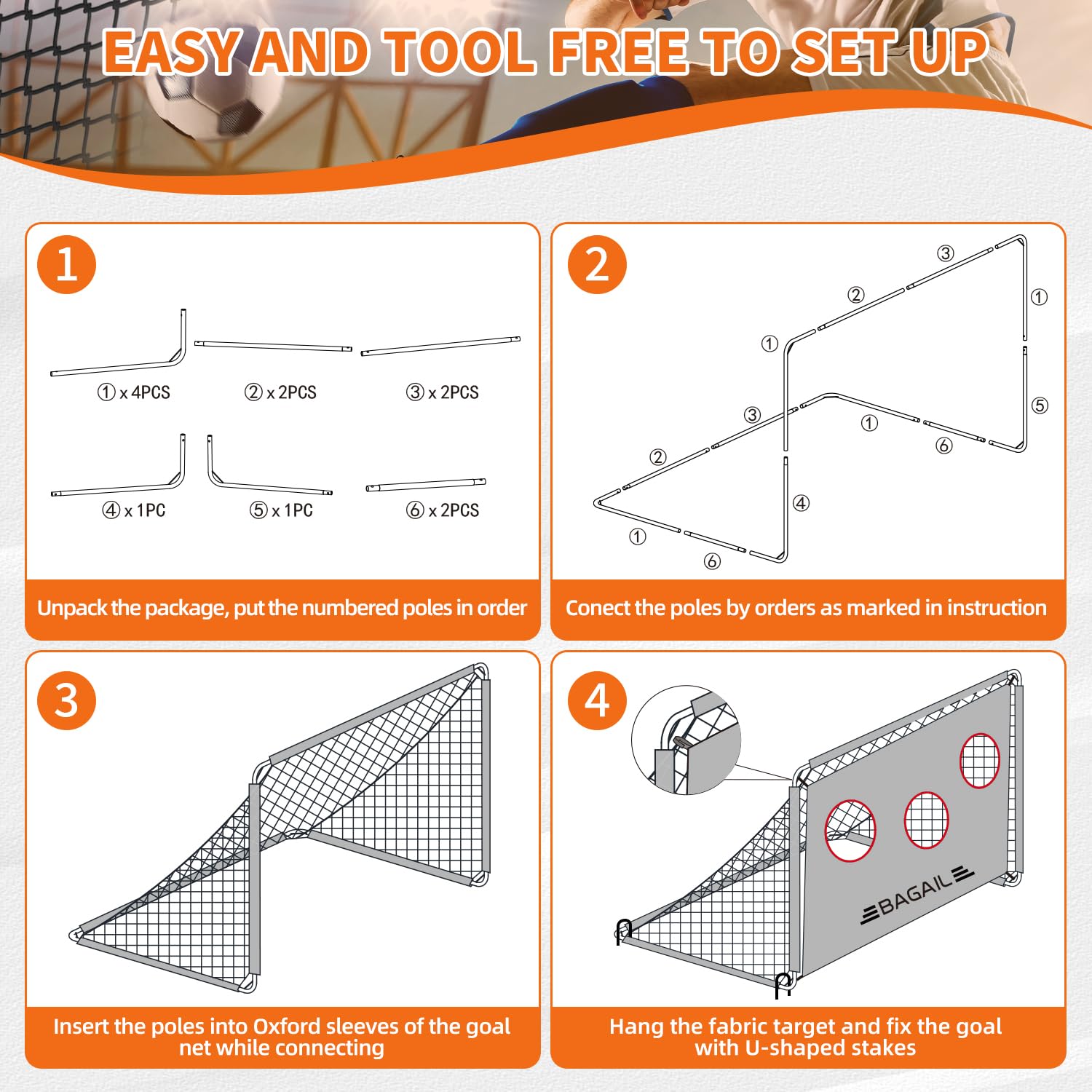 Bagail 2-in-1 Football Goal Net with Target – Portable 6x4ft Soccer Goal