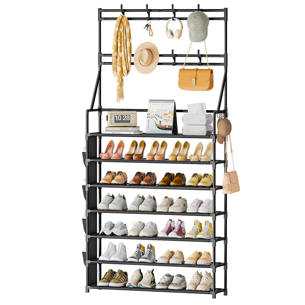 OYREL 7 Tier Shoe Rack with 8 Hooks & 4 Side Pockets for 28-35 Pairs Shoes - image 1