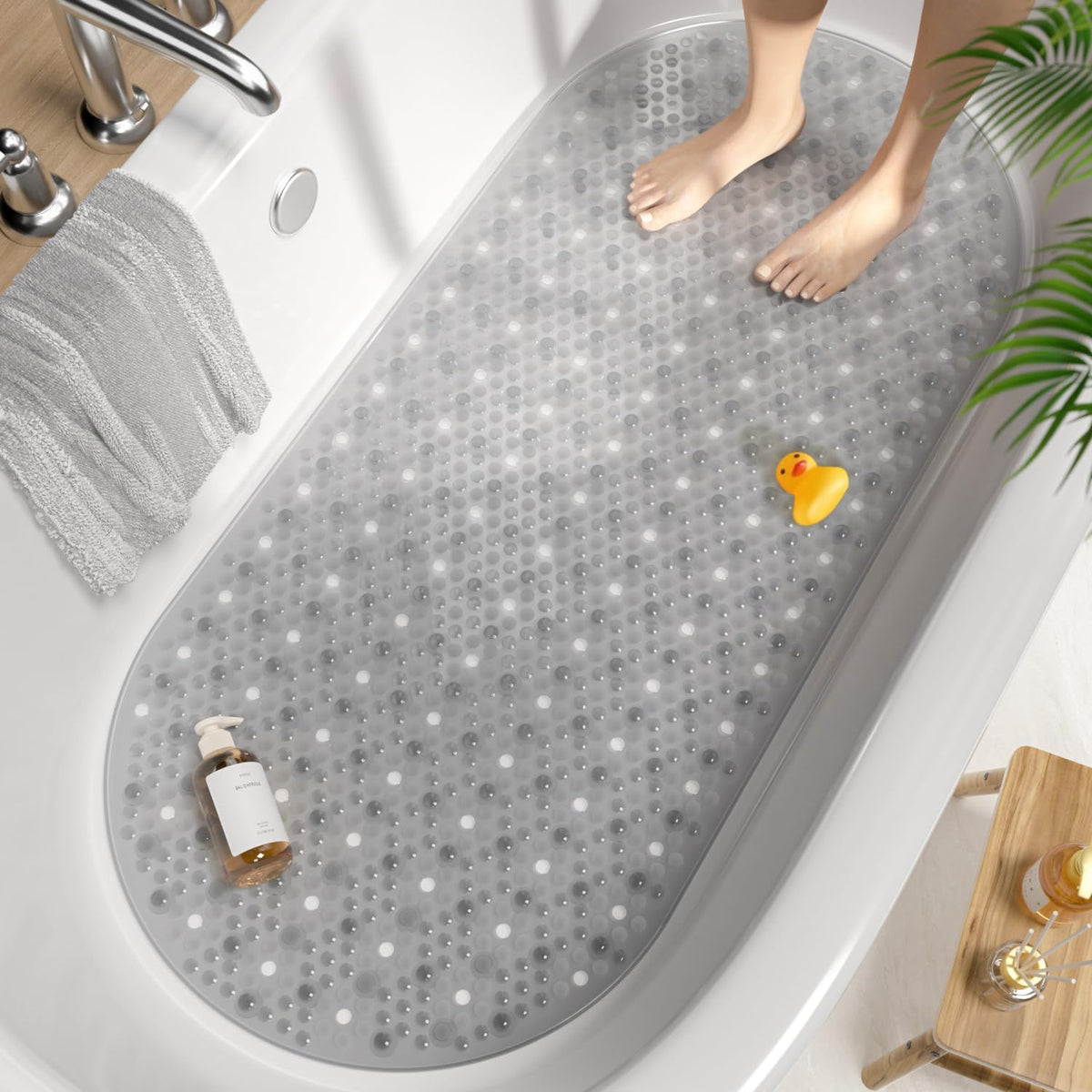 HITSLAM Oval Bath Mat Non Slip Anti Mould Kids Shower Mat, 88x40cm, Grey - image 1