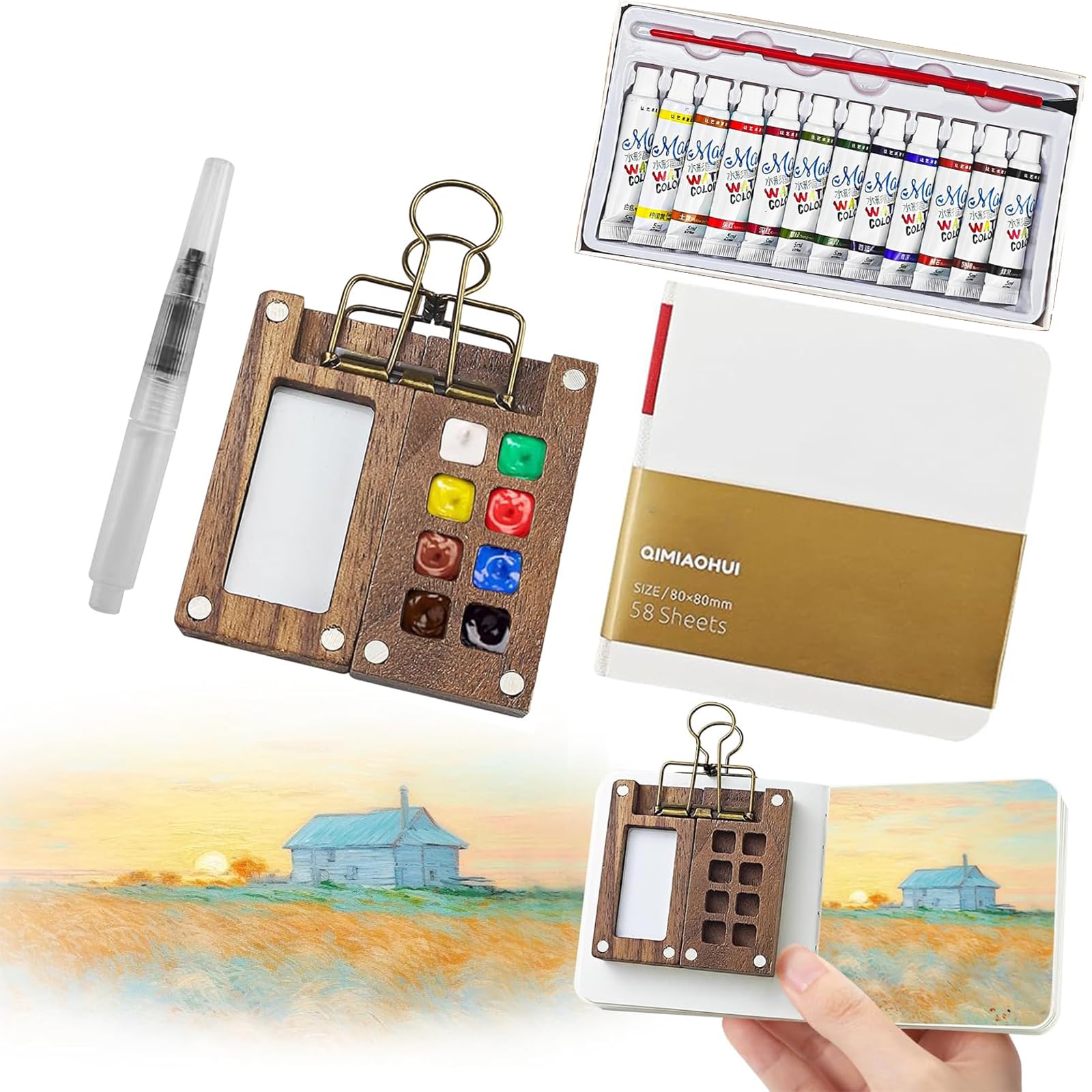 Jolof Store 5-Piece Pocket Watercolour Travel Set with Wooden Palette