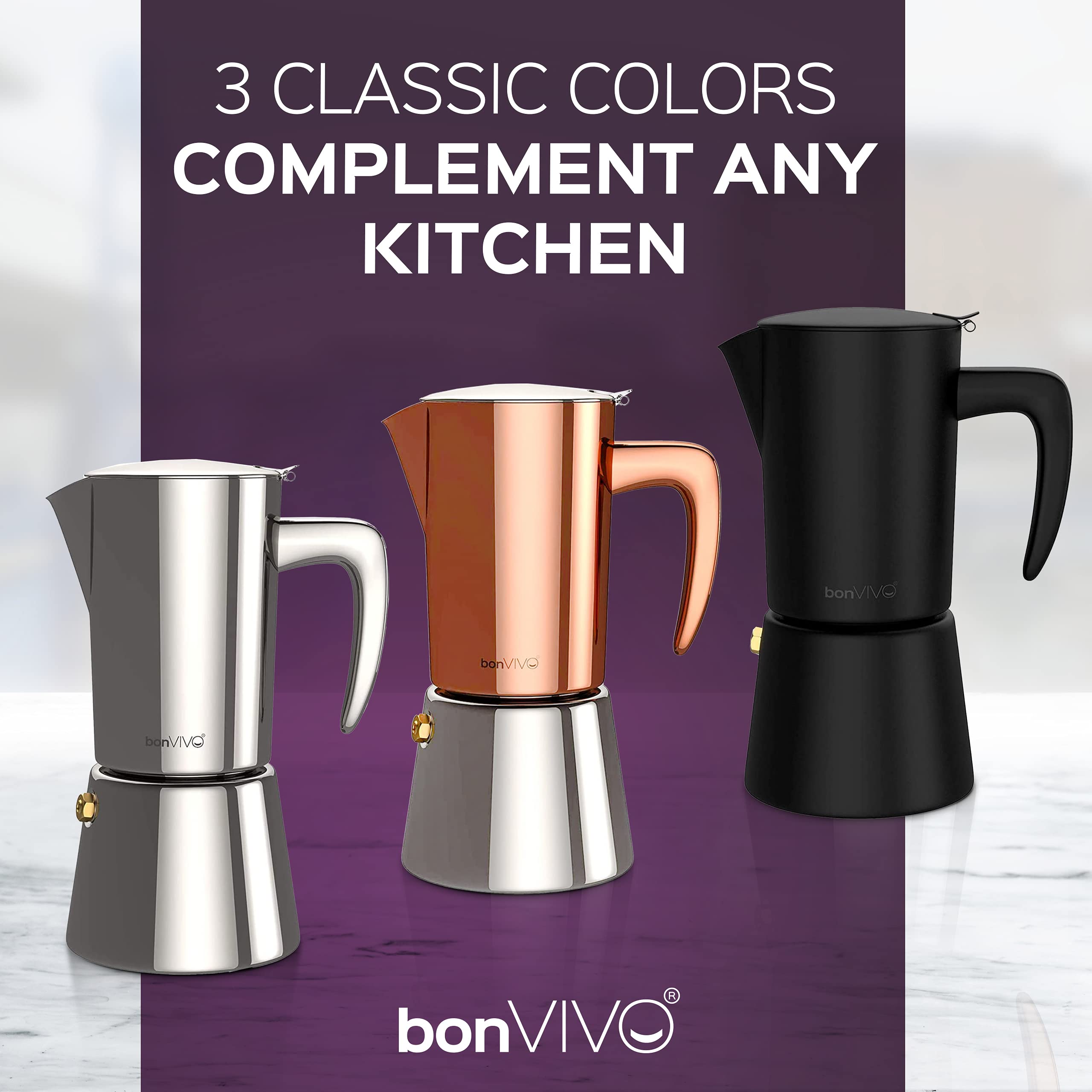 bonVIVO Intenca Moka Pot – 6 Cup Stainless Steel Stovetop Espresso Maker