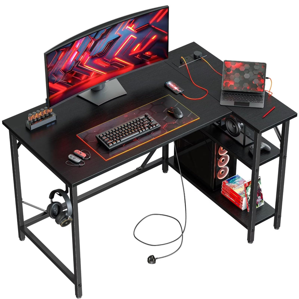 Domshoct L-Shaped Gaming Desk with Power Outlets & Reversible Shelves