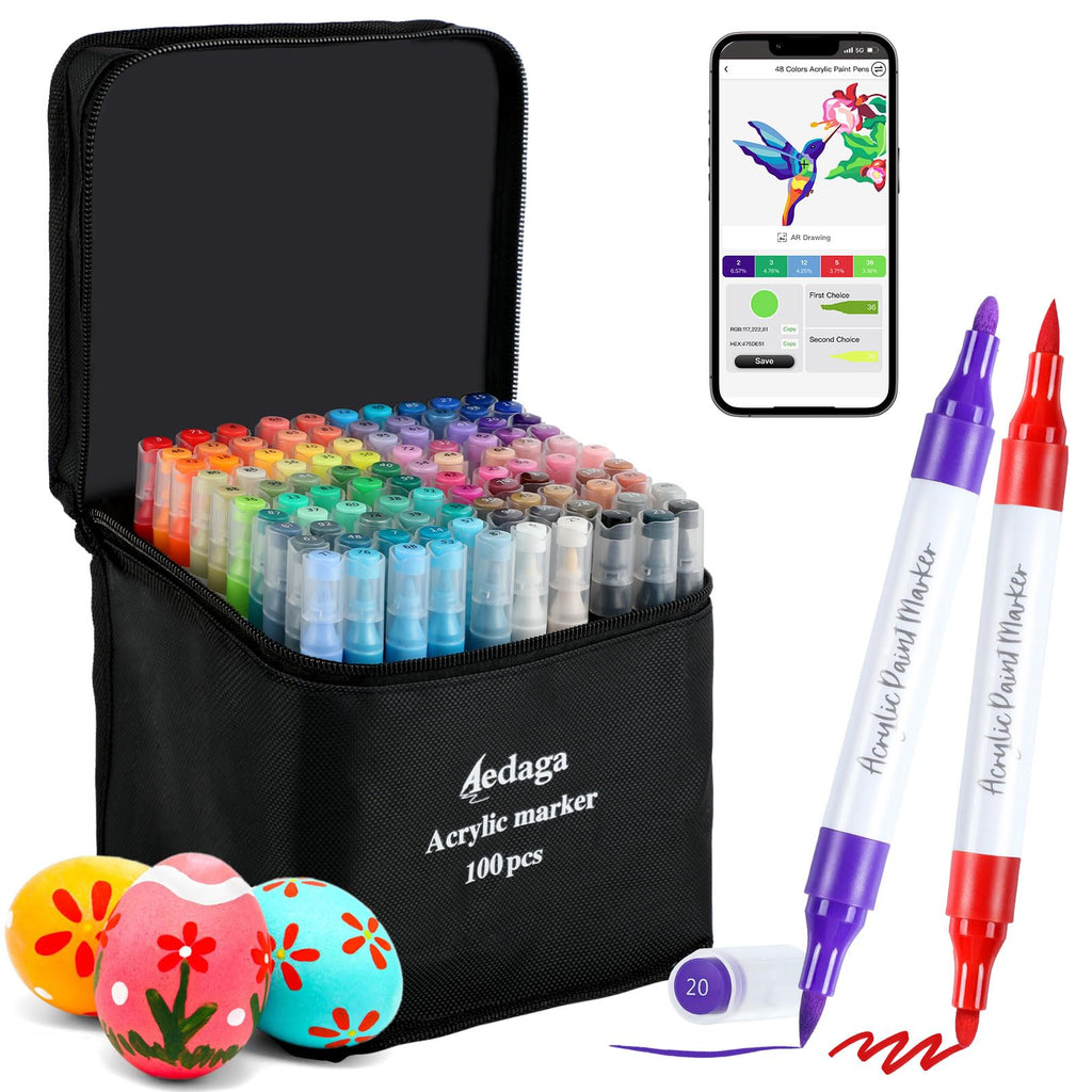 Jolof Store 100 Color Dual Tip Acrylic Paint Pens with App for Rock Art
