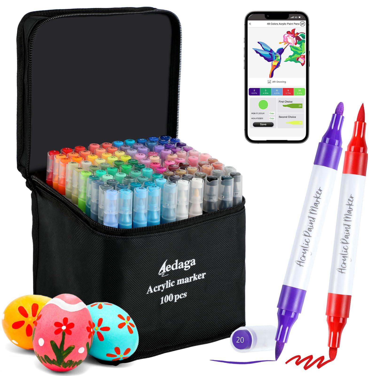 Jolof Store 100 Color Dual Tip Acrylic Paint Pens with App for Rock Art
