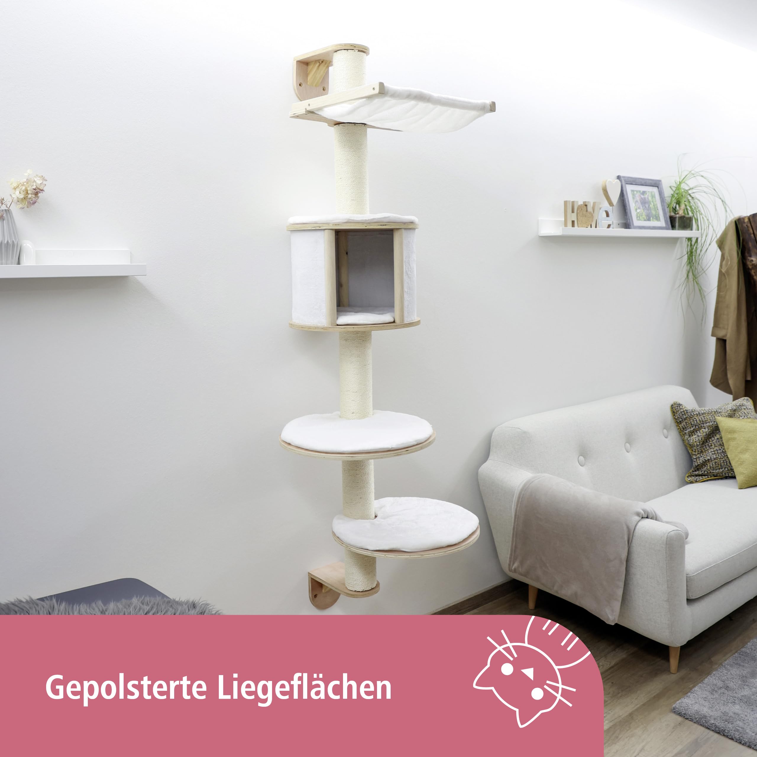 Kerbl Dolomit Wall-Mounted Cat Tree - 168cm Sisal Scratching Post, White