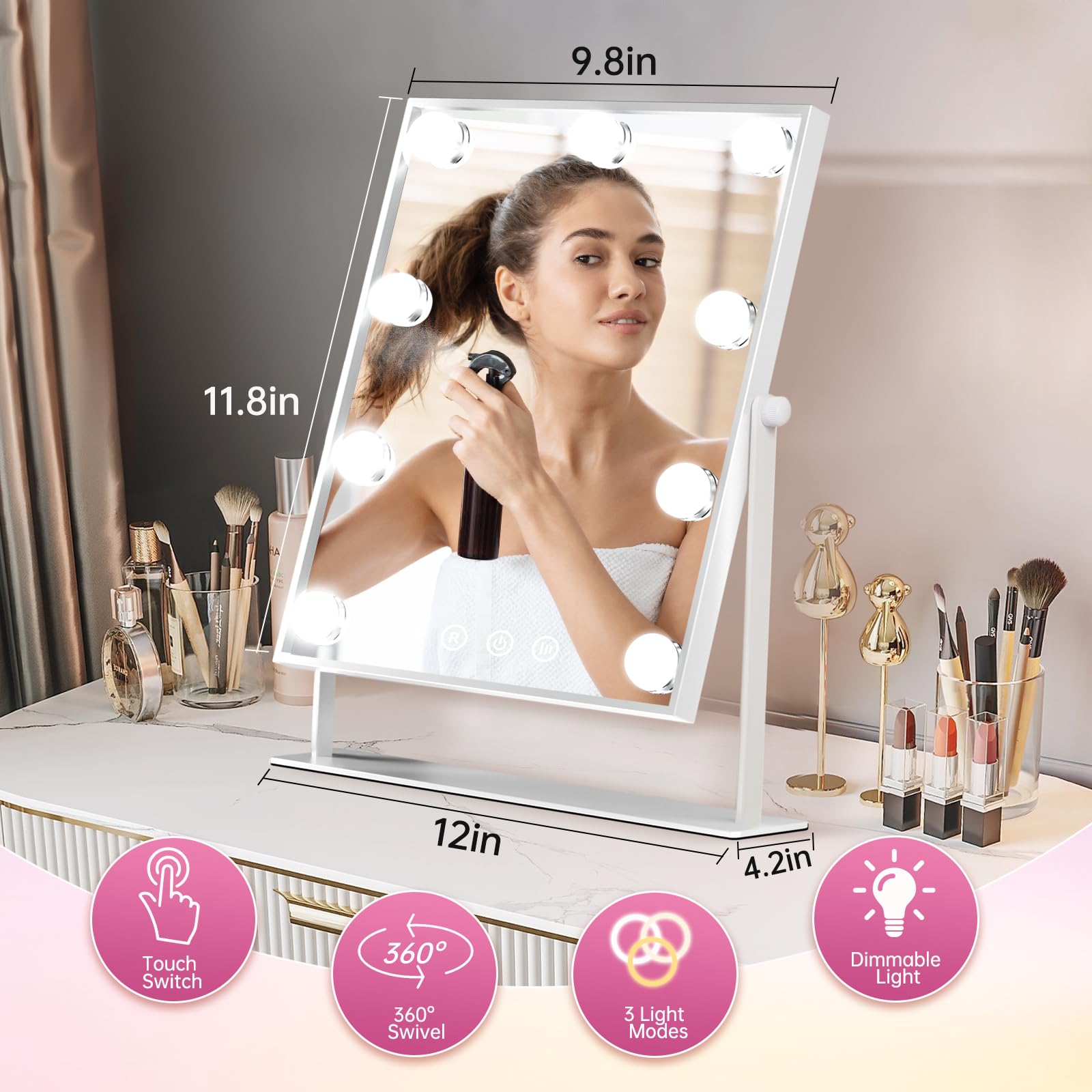 FUNTOUCH Hollywood Vanity Mirror with 9 LED Bulbs | 3 Color Modes, White