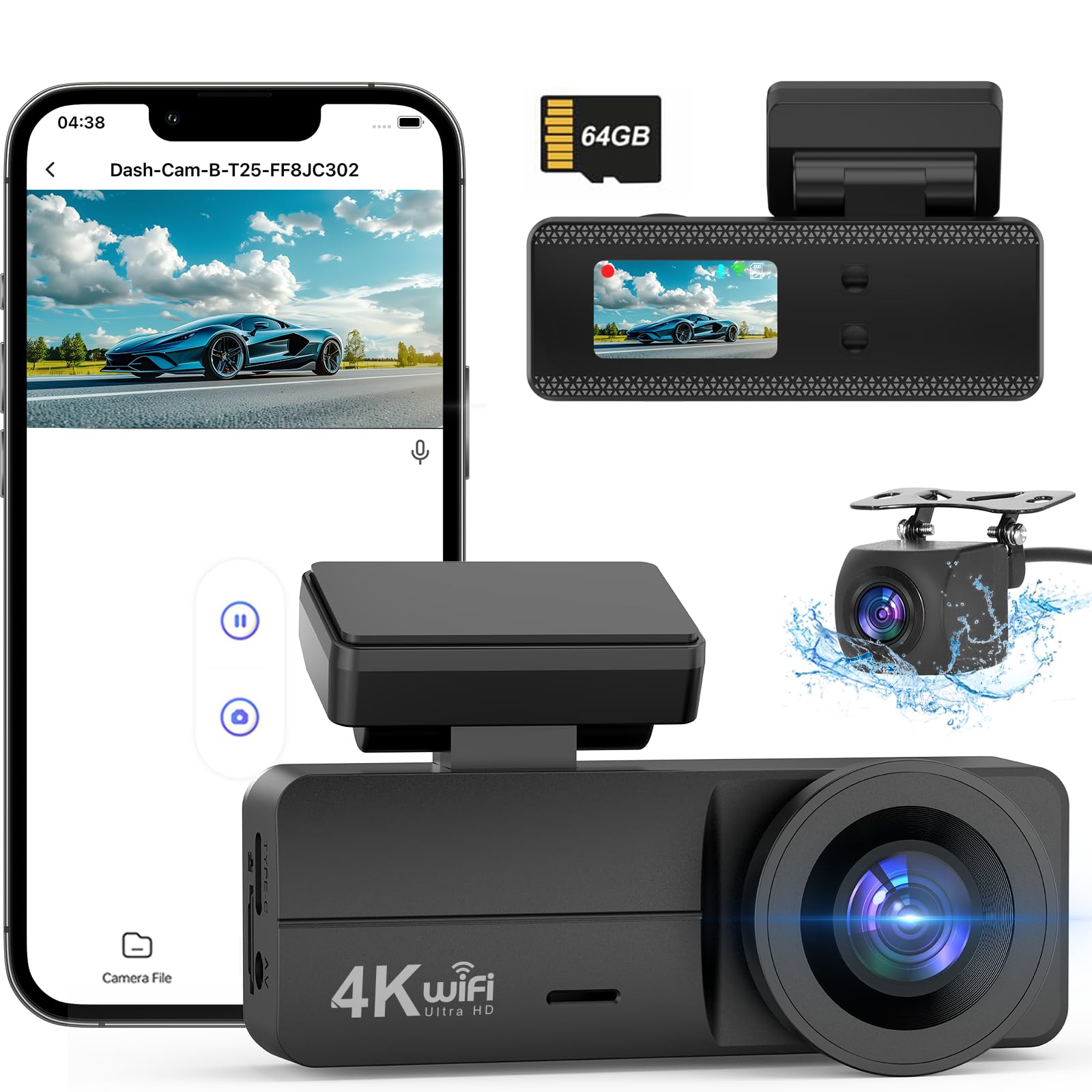 DYNACAM 4K Front and Rear Dash Cam | WiFi Car Camera with 64GB SD Card