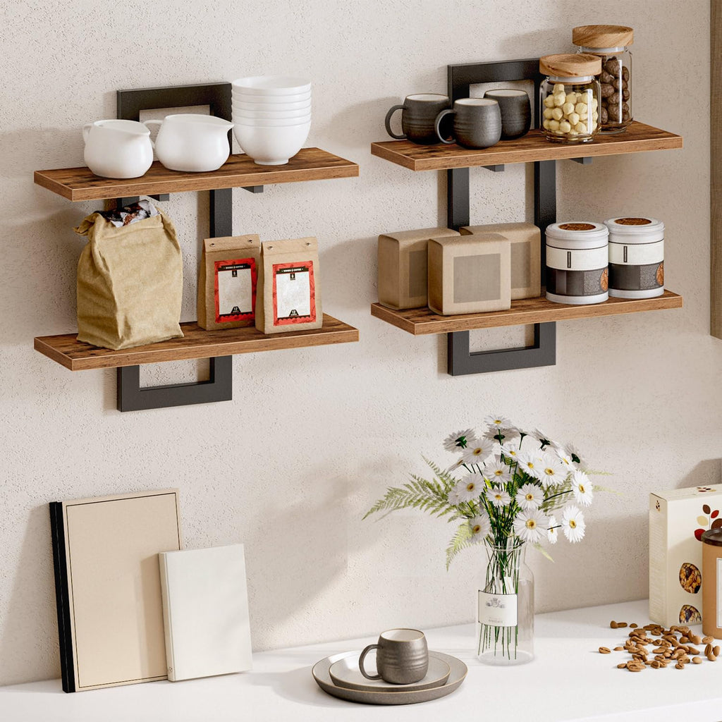 HOOBRO 2-Tier Floating Shelves Set | Greige & Black Wall Mounted Racks