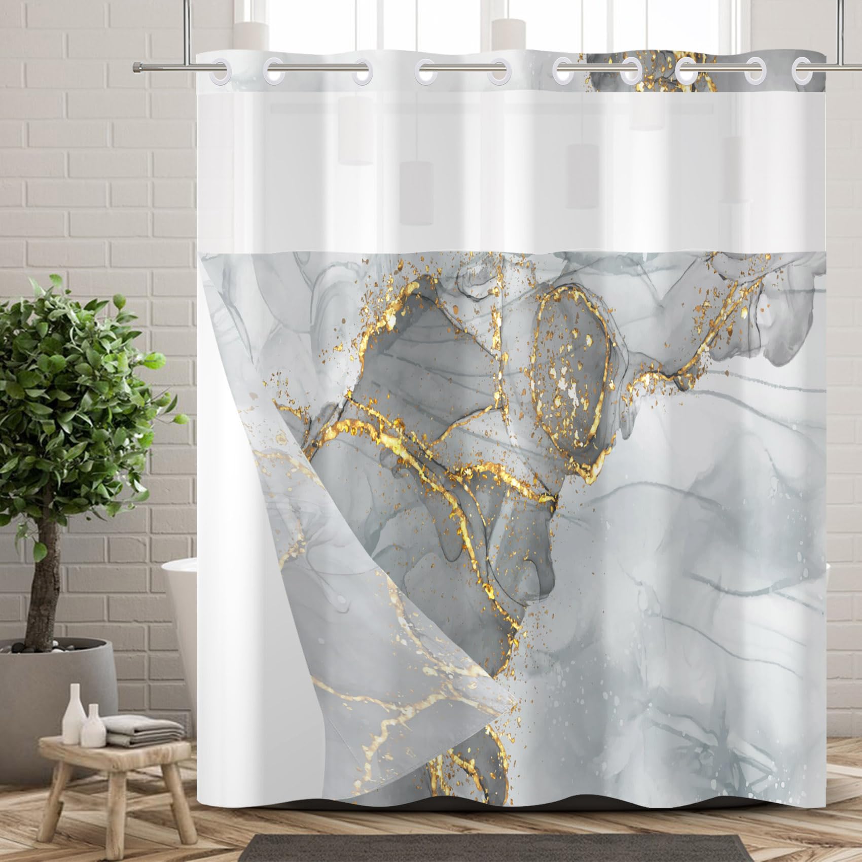 Ttincceer Hookless Shower Curtain | Grey Gold Marble Double Layer Fabric