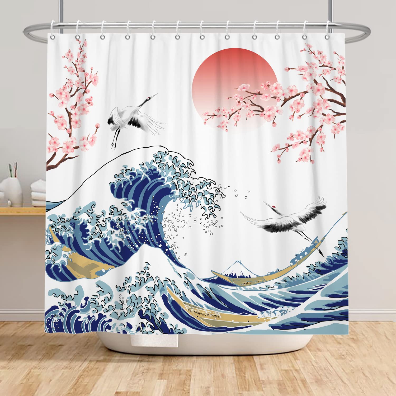 SDOTPMT Wave & Cherry Blossom Shower Curtain | Waterproof Polyester