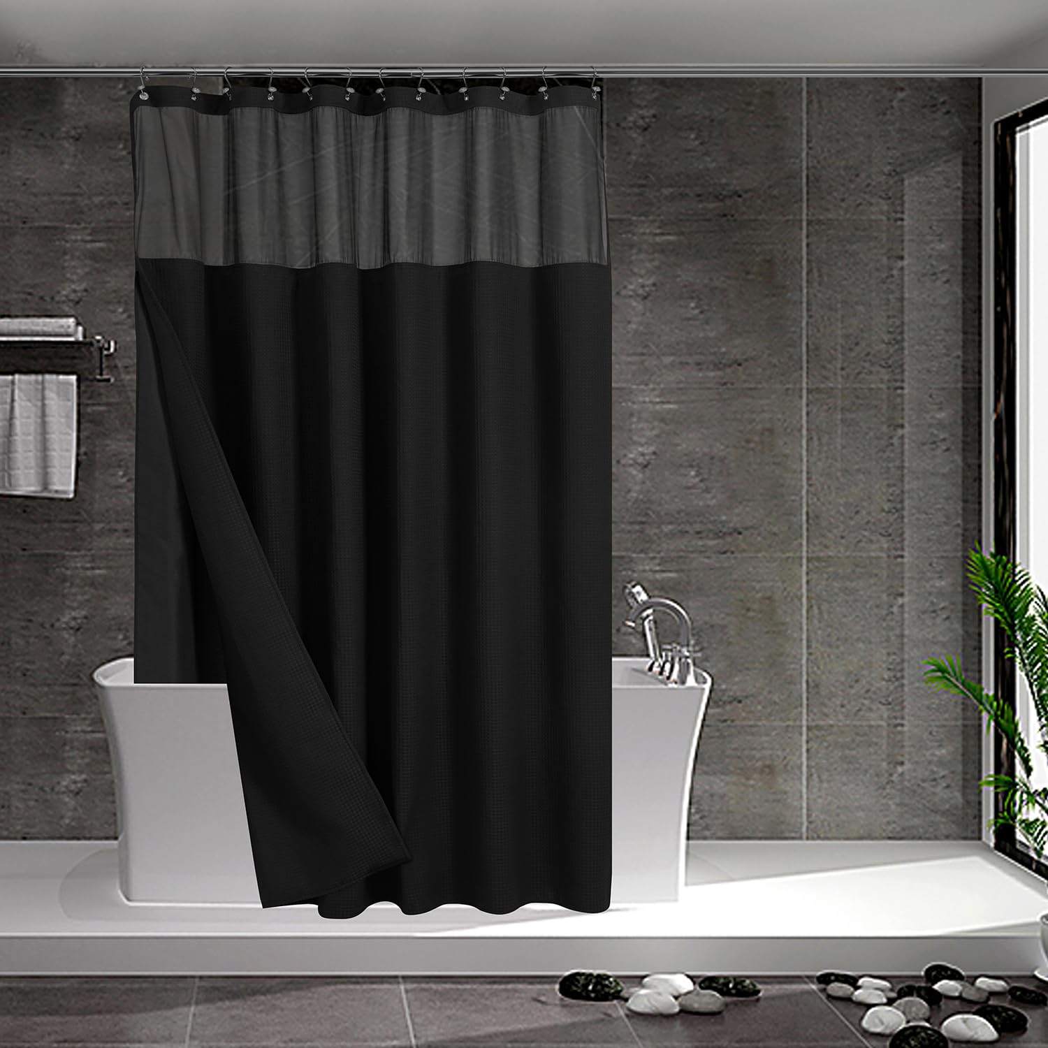 N&Y HOME Waffle Weave Shower Curtain with Snap-in Liner - Black, 71x72