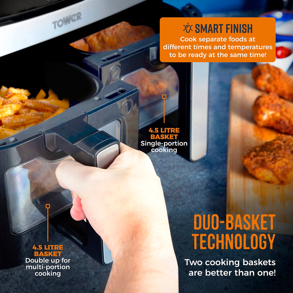Tower T17100 Vortx Vizion 9L Dual Basket Air Fryer - 10 Pre-sets, Black