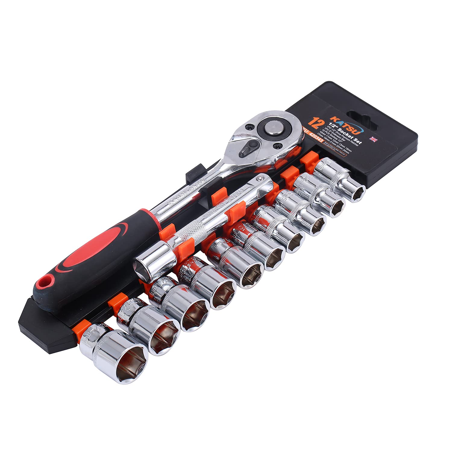 KATSU 1/2 Inch Metric Socket Set | 12-Piece Chrome Vanadium Ratchet Kit