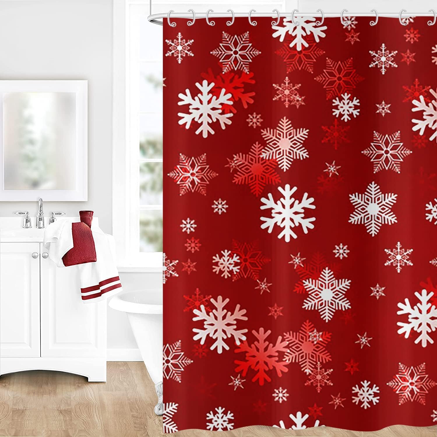 GCIREC Christmas Snowflake Shower Curtain | Red Waterproof Fabric Decor