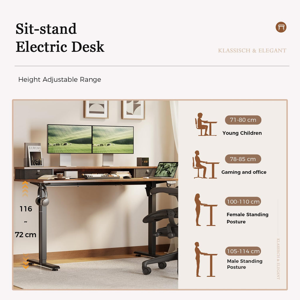 Klicelor Electric Height Adjustable Desk, with 2 Fabric Drawers, 100x60cm - image 2