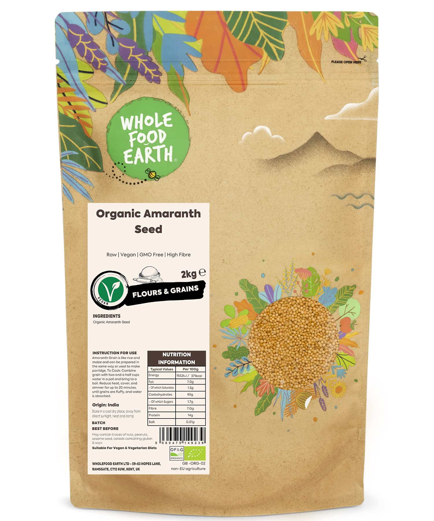 Wholefood Earth Organic Amaranth Seed – Raw Vegan Superfood - 2 kg