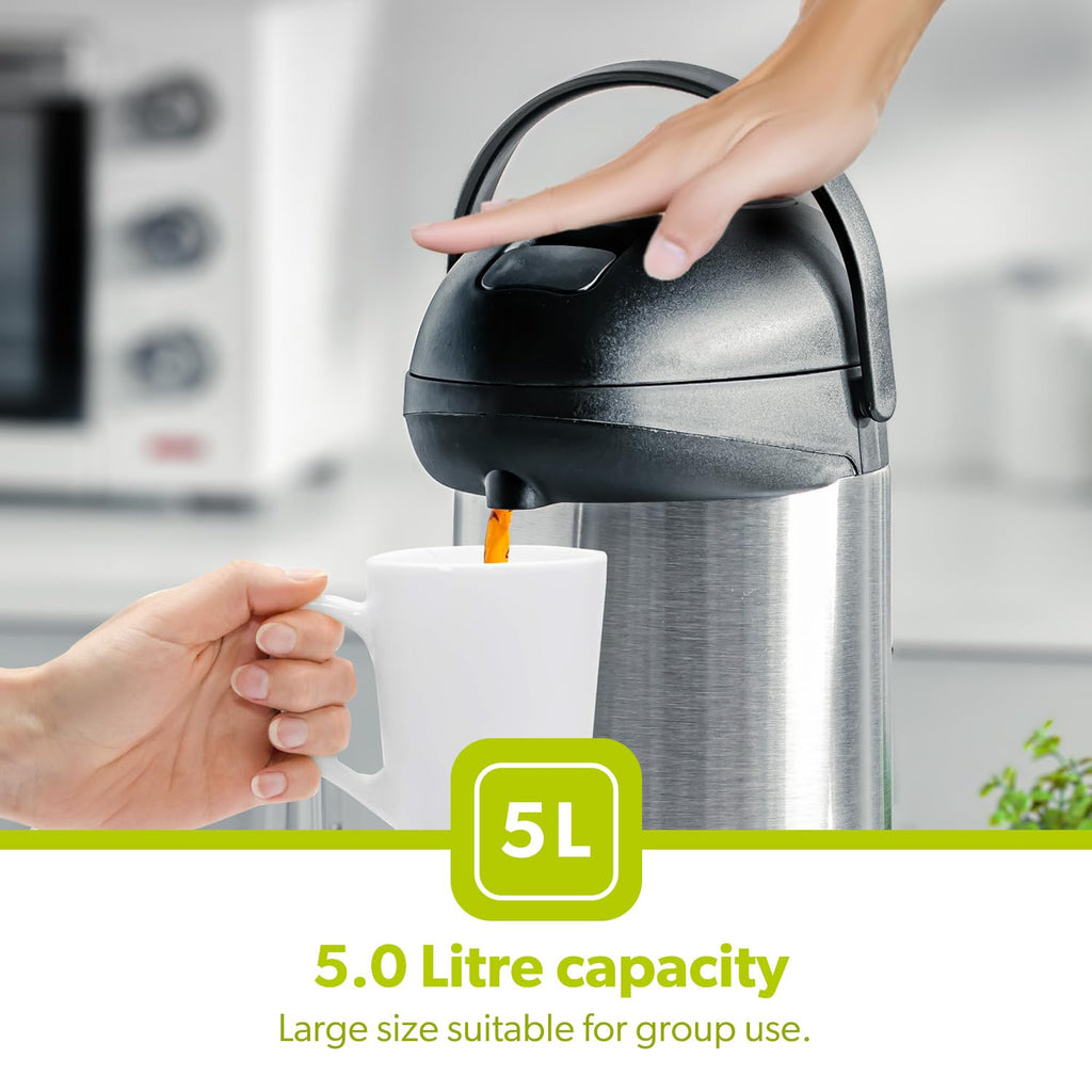 Royalford 5L Stainless Steel Airpot – Pump Action Vacuum Thermal Flask