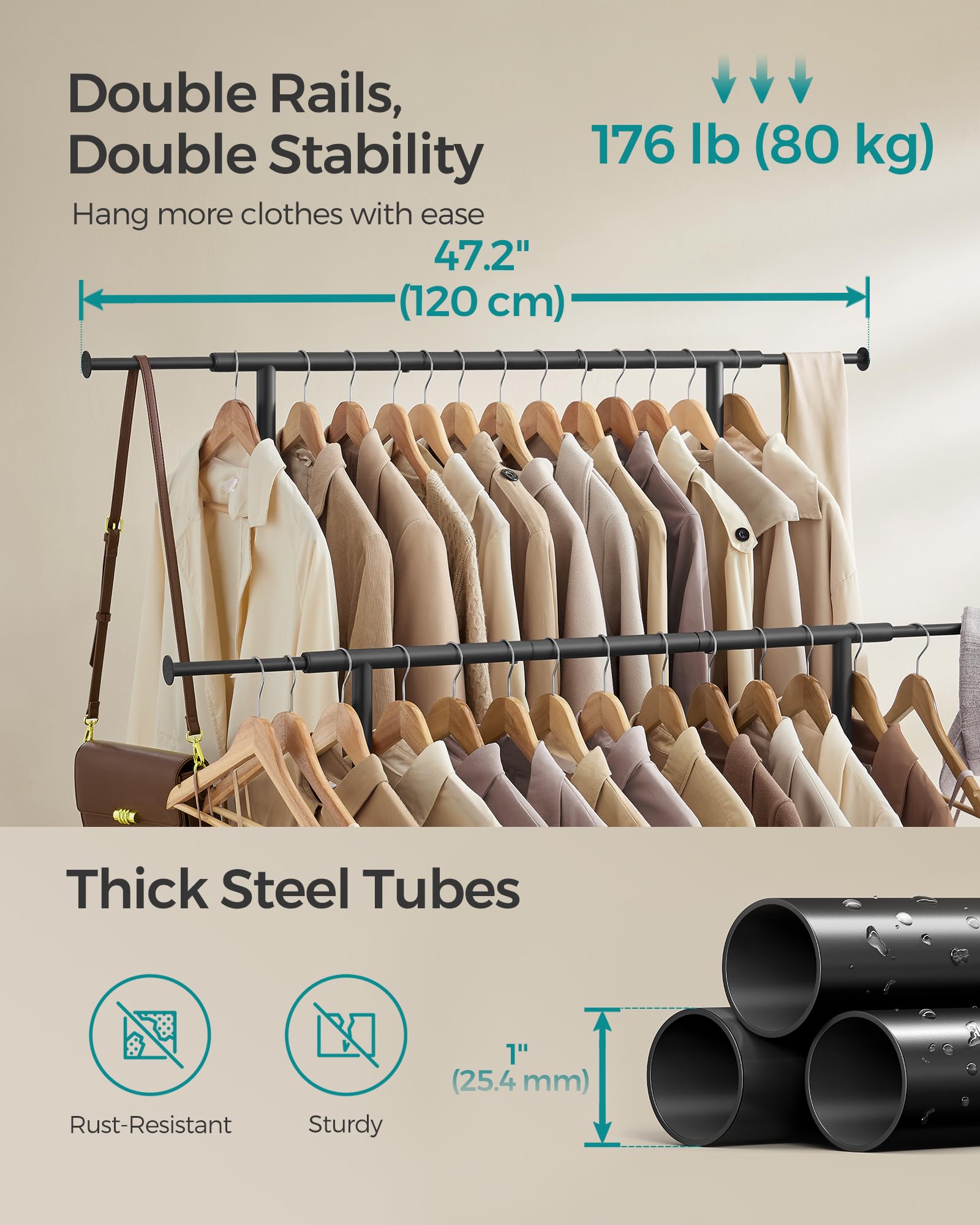 SONGMICS Double Clothes Rail – Extendable Heavy-Duty Metal Rack, Ink