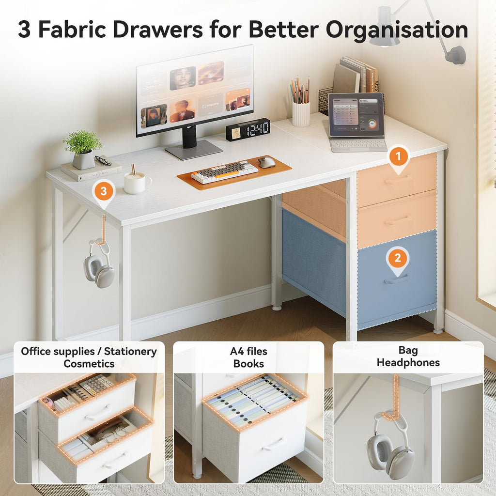 Coleshome Computer Desk with Drawers, 100cm Office Desk with Storage, White - image 4